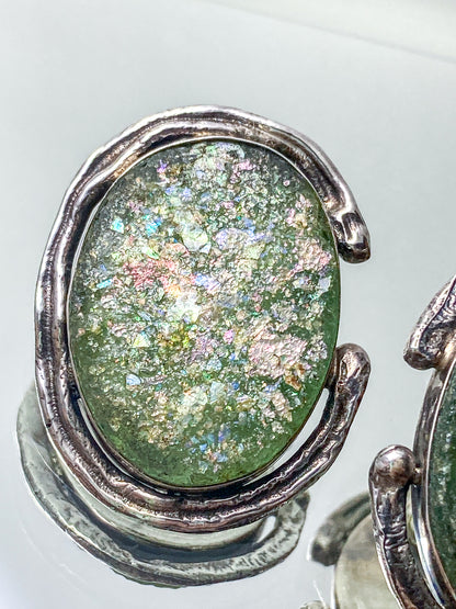 Artisan Avi Soffer Roman Glass Sterling Silver Post Earrings Brooch Pendant Set