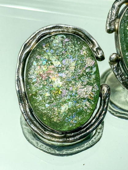 Artisan Avi Soffer Roman Glass Sterling Silver Post Earrings Brooch Pendant Set