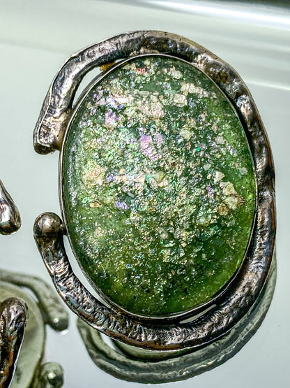 Artisan Avi Soffer Roman Glass Sterling Silver Post Earrings Brooch Pendant Set