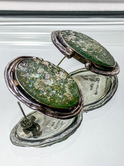 Artisan Avi Soffer Roman Glass Sterling Silver Post Earrings Brooch Pendant Set