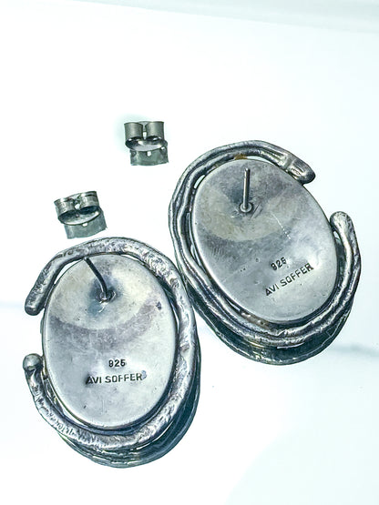 Artisan Avi Soffer Roman Glass Sterling Silver Post Earrings Brooch Pendant Set