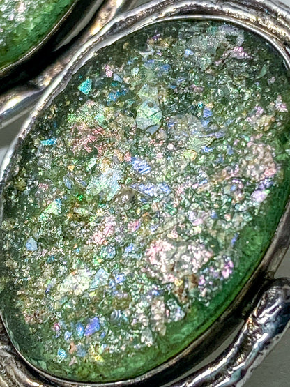 Artisan Avi Soffer Roman Glass Sterling Silver Post Earrings Brooch Pendant Set