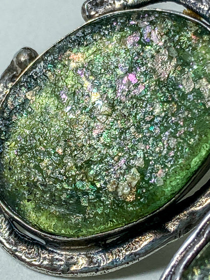 Artisan Avi Soffer Roman Glass Sterling Silver Post Earrings Brooch Pendant Set