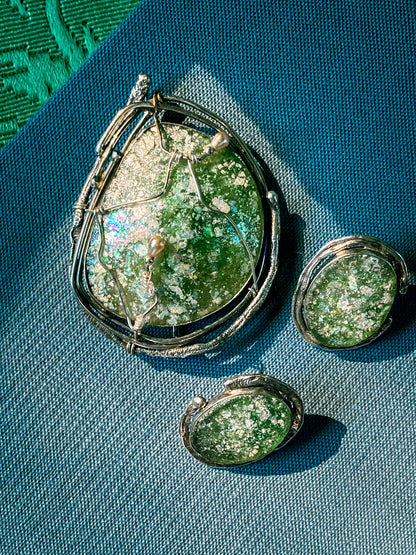 Artisan Avi Soffer Roman Glass Sterling Silver Post Earrings Brooch Pendant Set