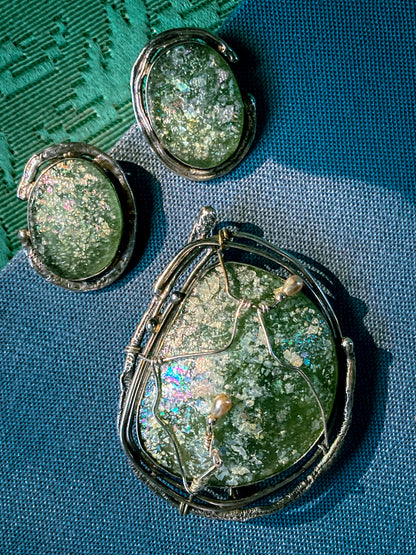 Artisan Avi Soffer Roman Glass Sterling Silver Post Earrings Brooch Pendant Set