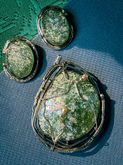 Artisan Avi Soffer Roman Glass Sterling Silver Post Earrings Brooch Pendant Set