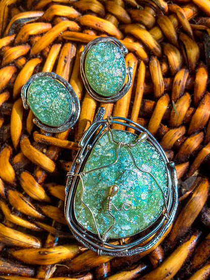 Artisan Avi Soffer Roman Glass Sterling Silver Post Earrings Brooch Pendant Set