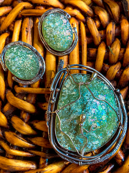 Artisan Avi Soffer Roman Glass Sterling Silver Post Earrings Brooch Pendant Set