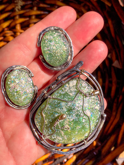 Artisan Avi Soffer Roman Glass Sterling Silver Post Earrings Brooch Pendant Set