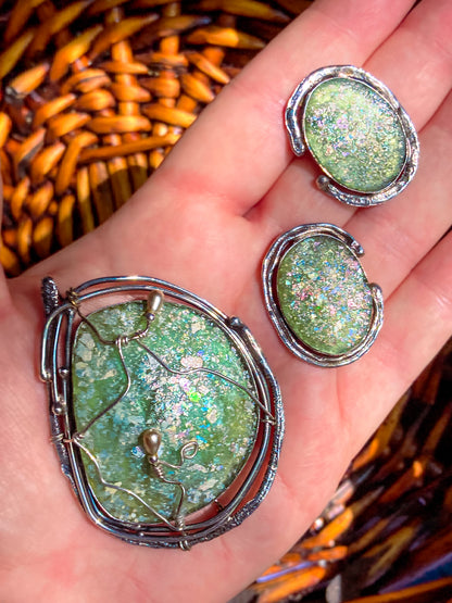 Artisan Avi Soffer Roman Glass Sterling Silver Post Earrings Brooch Pendant Set
