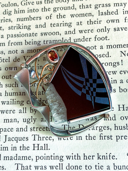 Artisan Triple Diamond 14K Yellow Gold Sterling Silver Etched Black Agate Pendant