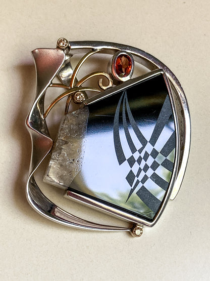 Artisan Triple Diamond 14K Yellow Gold Sterling Silver Etched Black Agate Pendant