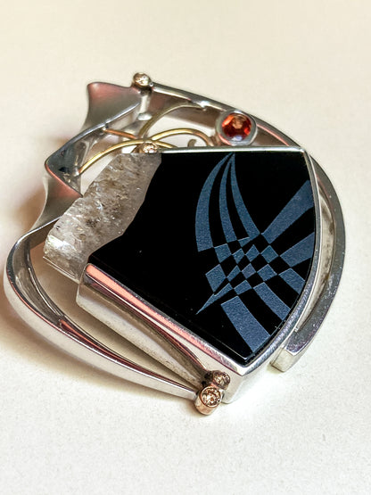 Artisan Triple Diamond 14K Yellow Gold Sterling Silver Etched Black Agate Pendant