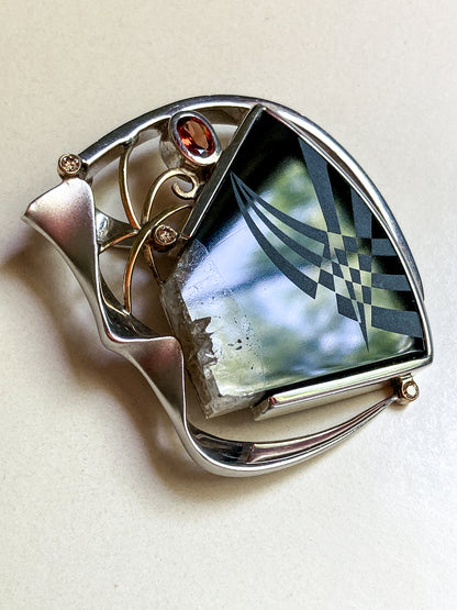 Artisan Triple Diamond 14K Yellow Gold Sterling Silver Etched Black Agate Pendant