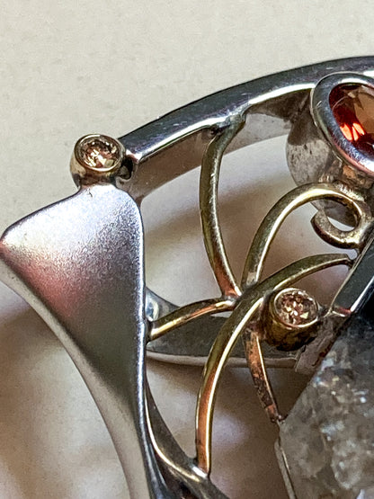 Artisan Triple Diamond 14K Yellow Gold Sterling Silver Etched Black Agate Pendant