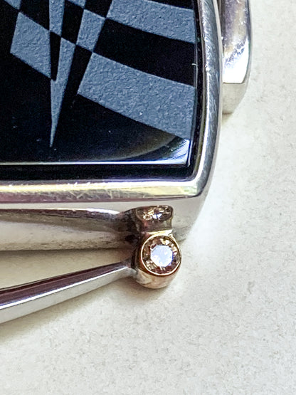 Artisan Triple Diamond 14K Yellow Gold Sterling Silver Etched Black Agate Pendant