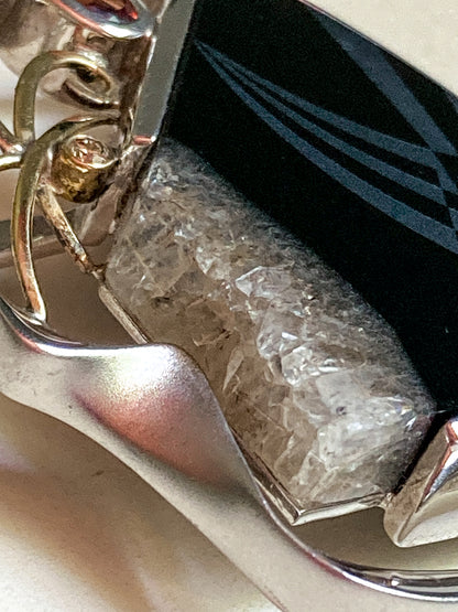 Artisan Triple Diamond 14K Yellow Gold Sterling Silver Etched Black Agate Pendant