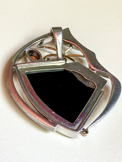 Artisan Triple Diamond 14K Yellow Gold Sterling Silver Etched Black Agate Pendant