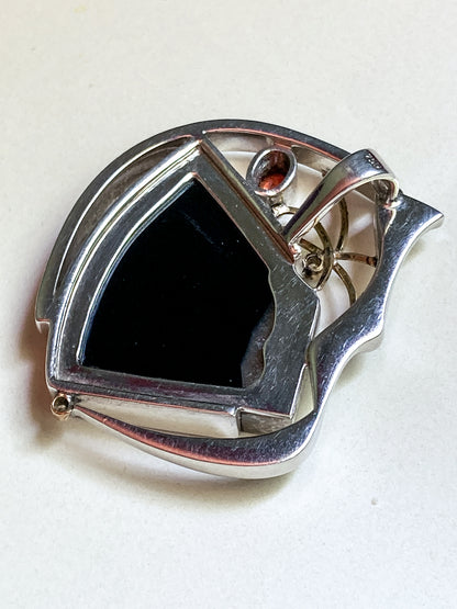 Artisan Triple Diamond 14K Yellow Gold Sterling Silver Etched Black Agate Pendant