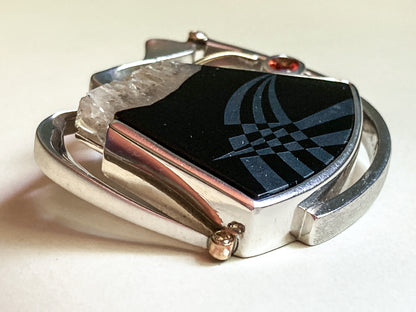 Artisan Triple Diamond 14K Yellow Gold Sterling Silver Etched Black Agate Pendant