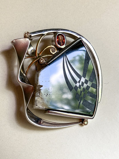 Artisan Triple Diamond 14K Yellow Gold Sterling Silver Etched Black Agate Pendant