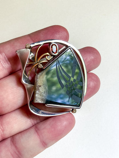 Artisan Triple Diamond 14K Yellow Gold Sterling Silver Etched Black Agate Pendant