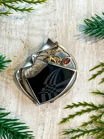 Artisan Triple Diamond 14K Yellow Gold Sterling Silver Etched Black Agate Pendant