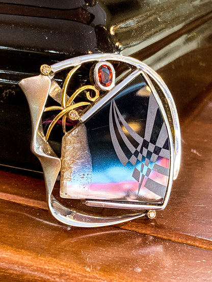 Artisan Triple Diamond 14K Yellow Gold Sterling Silver Etched Black Agate Pendant