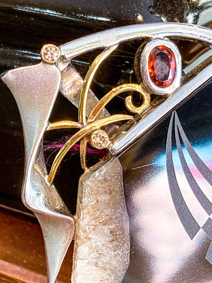 Artisan Triple Diamond 14K Yellow Gold Sterling Silver Etched Black Agate Pendant