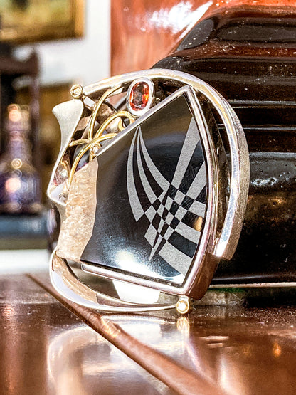 Artisan Triple Diamond 14K Yellow Gold Sterling Silver Etched Black Agate Pendant