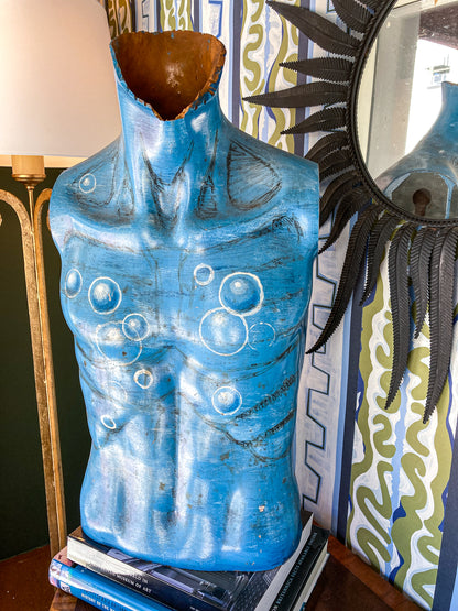 Vintage Hand-Painted Blue Bubble Mannequin Male Torso Sculpture