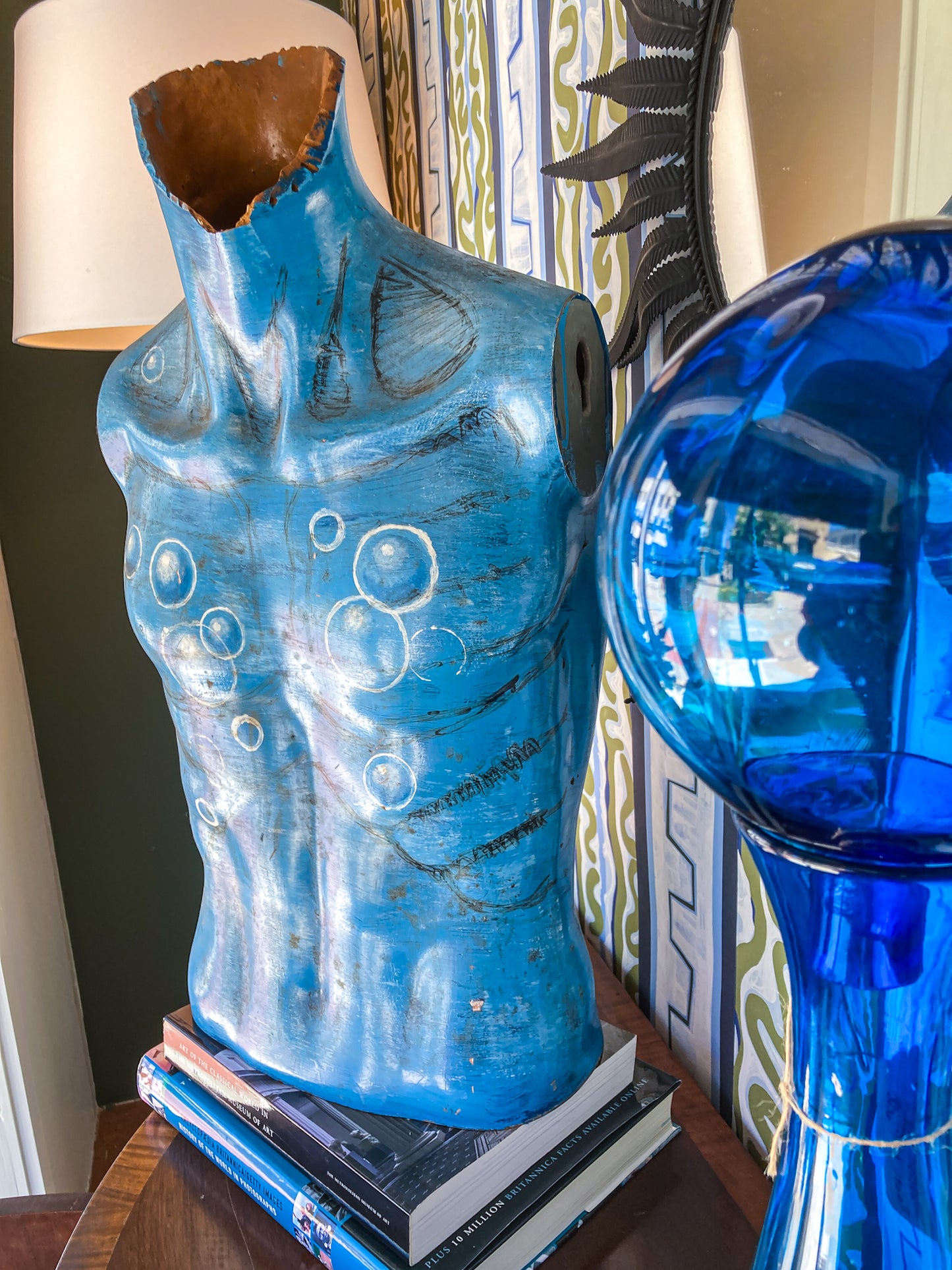 Vintage Hand-Painted Blue Bubble Mannequin Male Torso Sculpture