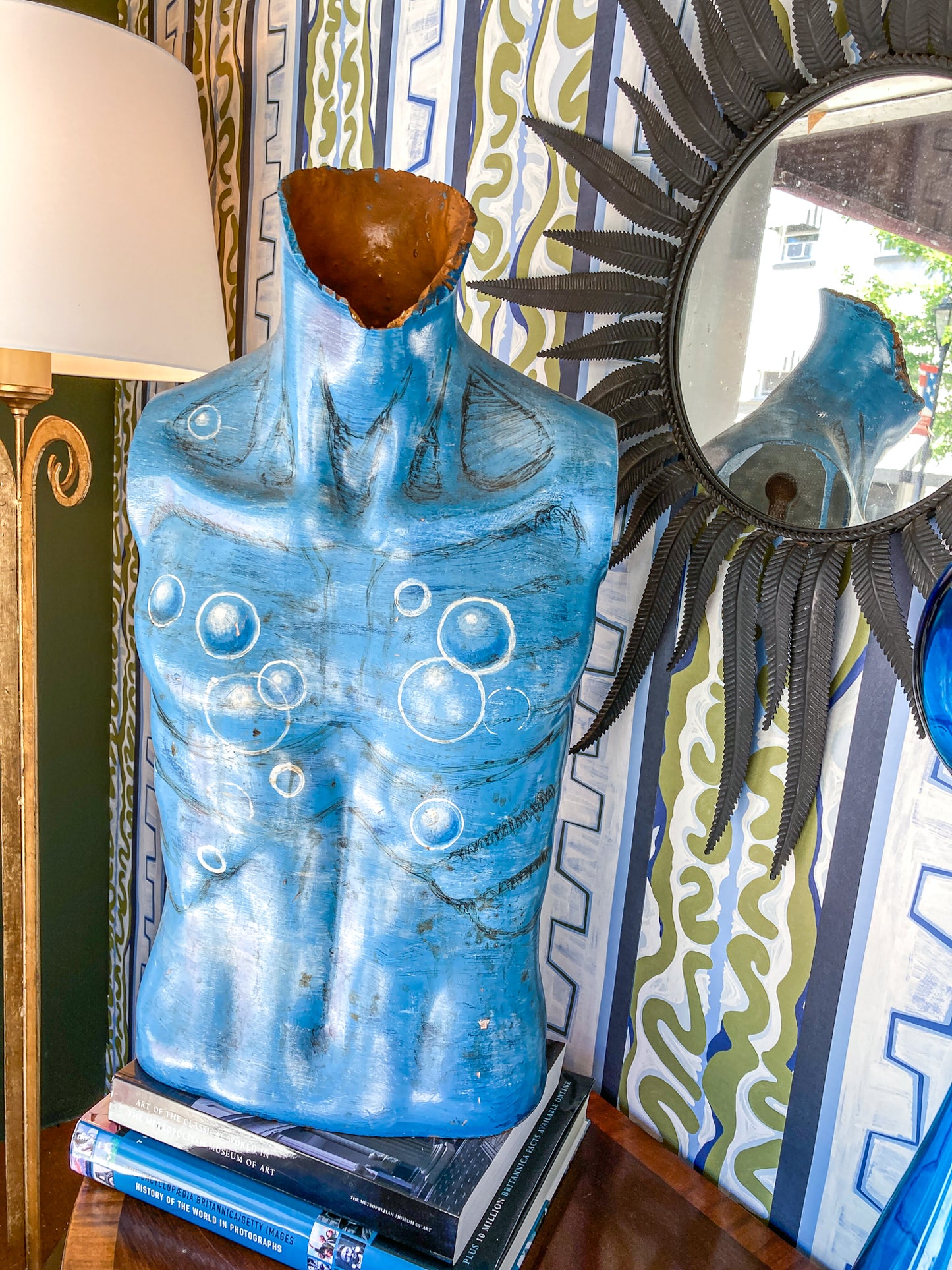 Vintage Hand-Painted Blue Bubble Mannequin Male Torso Sculpture