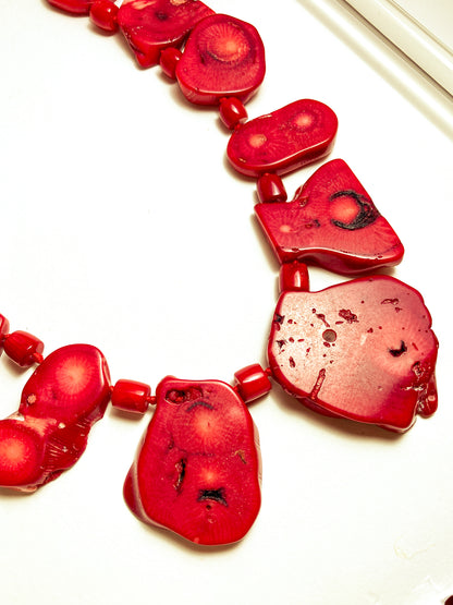 Bold LUC Lucas Lameth Red Coral Stone Graduated Bead Sterling Silver Necklace with unique shaped beads on a white background