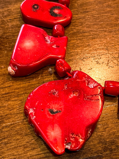 Bold LUC Lucas Lameth Red Coral Stone Graduated Bead Sterling Silver Necklace on wood