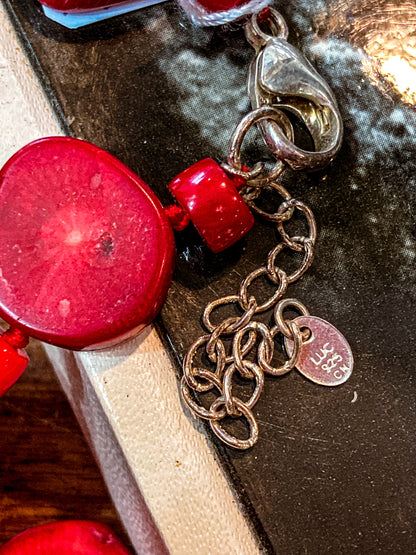 Bold LUC Lucas Lameth Red Coral Stone Graduated Bead Sterling Silver Necklace tag close up.