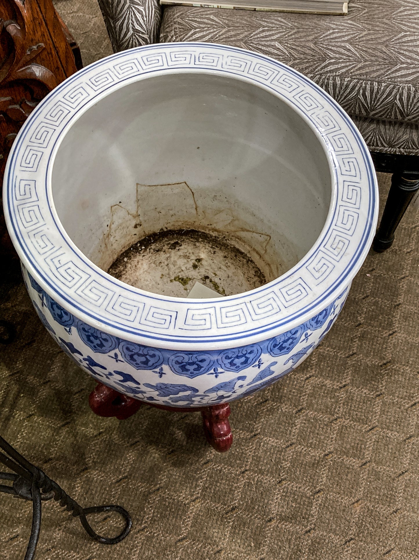 Classic Contemporary Blue White Floral Chinese Porcelain Raised Planter Pot
