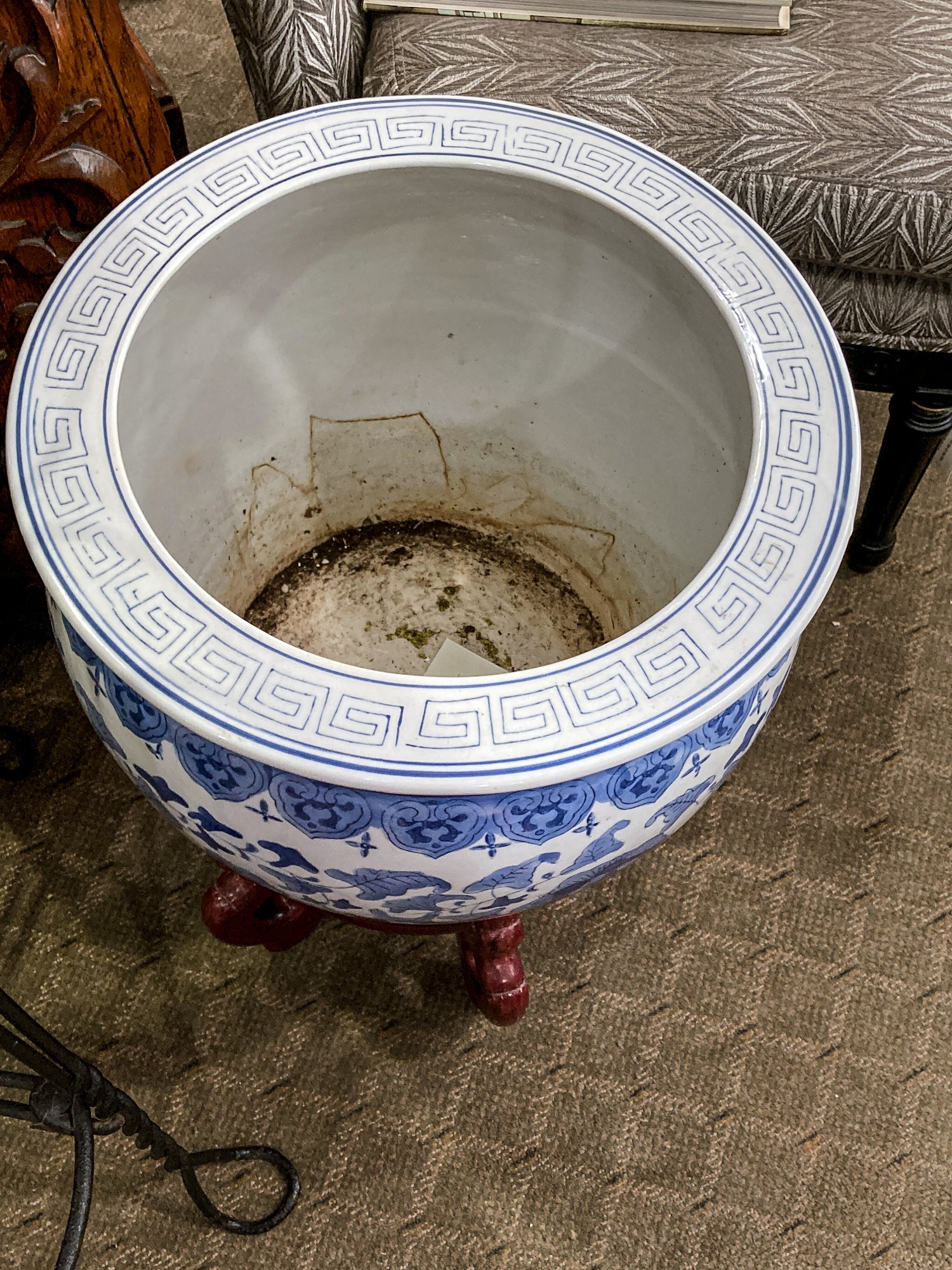 Classic Contemporary Blue White Floral Chinese Porcelain Raised Planter Pot