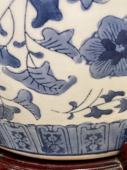 Classic Contemporary Blue White Floral Chinese Porcelain Raised Planter Pot