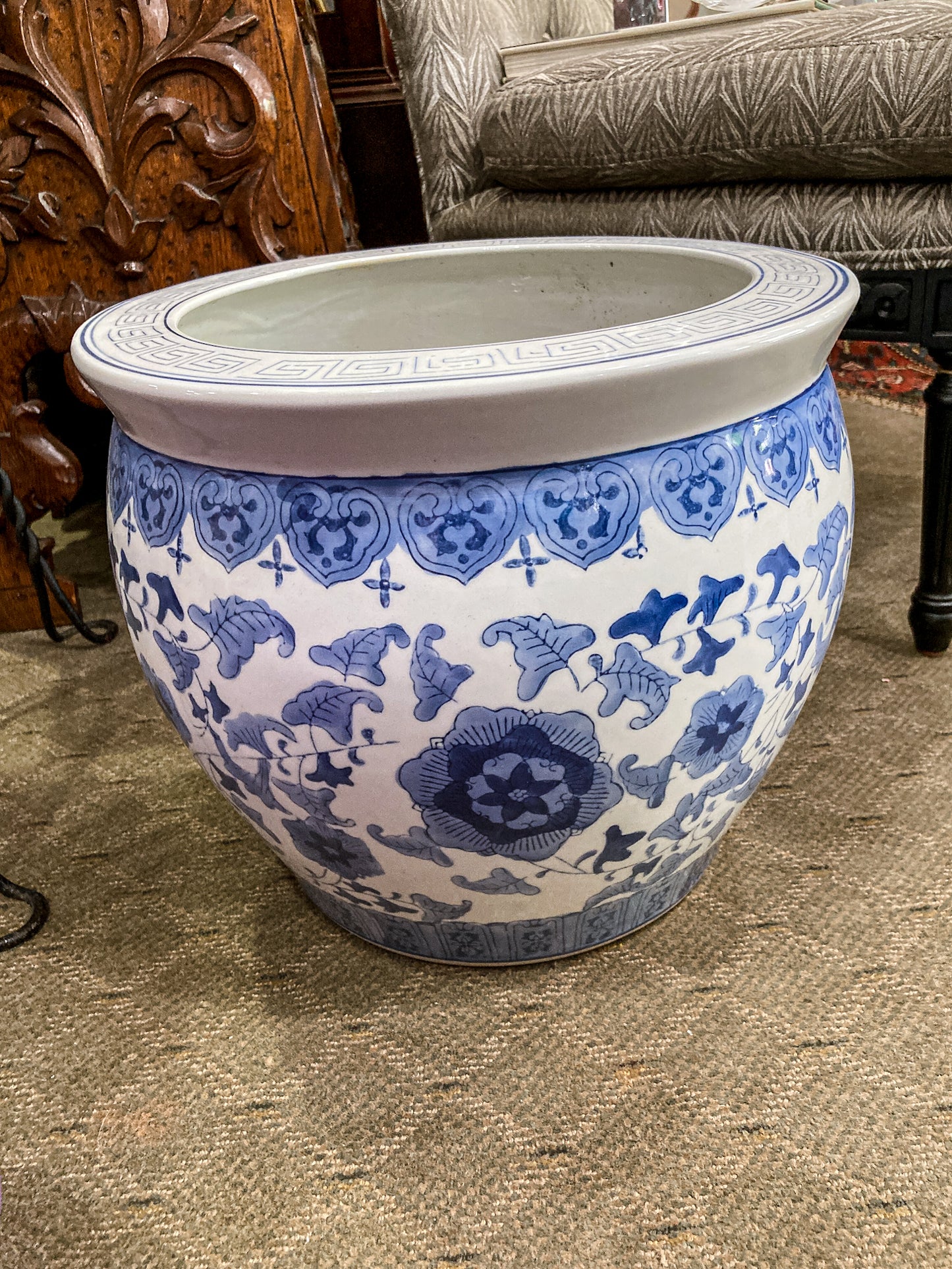 Classic Contemporary Blue White Floral Chinese Porcelain Raised Planter Pot