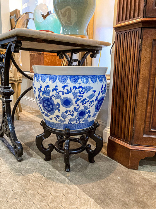 Classic Contemporary Blue White Floral Chinese Porcelain Raised Planter Pot