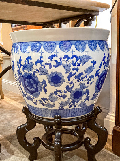 Classic Contemporary Blue White Floral Chinese Porcelain Raised Planter Pot