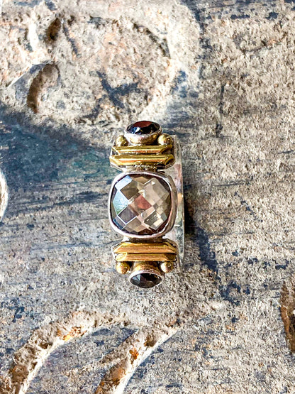 Contemporary Textured Sterling Silver Cushion Cut Smoky Quartz Ring