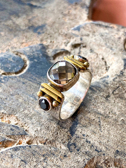 Contemporary Textured Sterling Silver Cushion Cut Smoky Quartz Ring