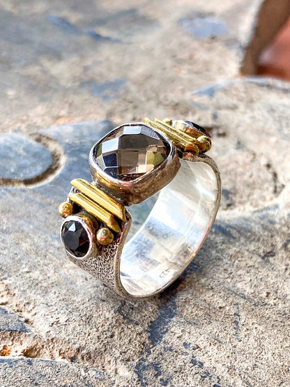 Contemporary Textured Sterling Silver Cushion Cut Smoky Quartz Ring