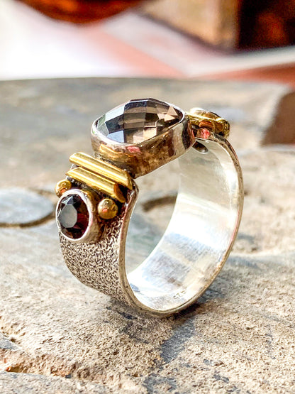 Contemporary Textured Sterling Silver Cushion Cut Smoky Quartz Ring