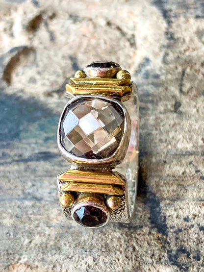 Contemporary Textured Sterling Silver Cushion Cut Smoky Quartz Ring