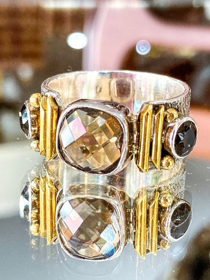 Contemporary Textured Sterling Silver Cushion Cut Smoky Quartz Ring