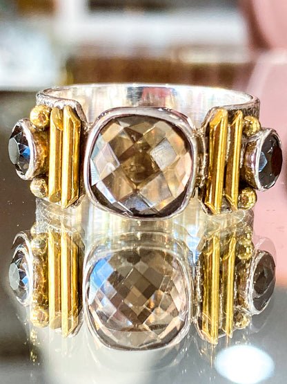 Contemporary Textured Sterling Silver Cushion Cut Smoky Quartz Ring