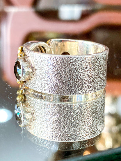 Contemporary Textured Sterling Silver Cushion Cut Smoky Quartz Ring